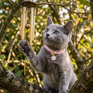 Collier chaton rose avec clochette dorée et pendentif fleur, porté par un chaton gris dans un arbre