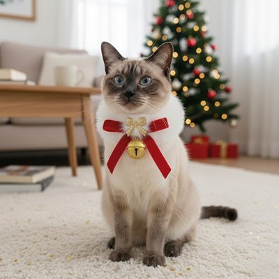 Collier de Noël pour chat avec nœud rouge et clochette dorée 