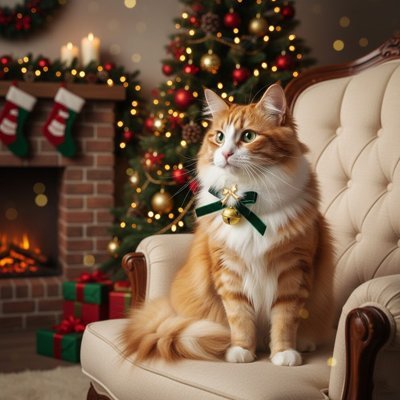 Collier de Noël pour chat avec nœud vert et clochette dorée - chat roux Maine Coon sur fauteuil beige