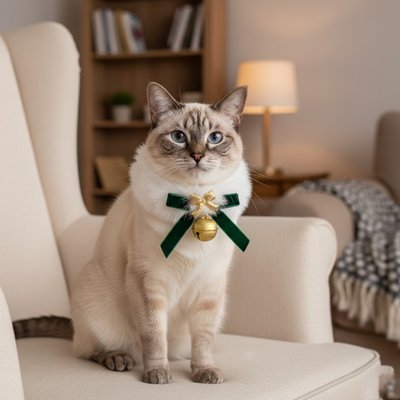 Collier festif pour chat avec nœud velours vert et clochettes dorées