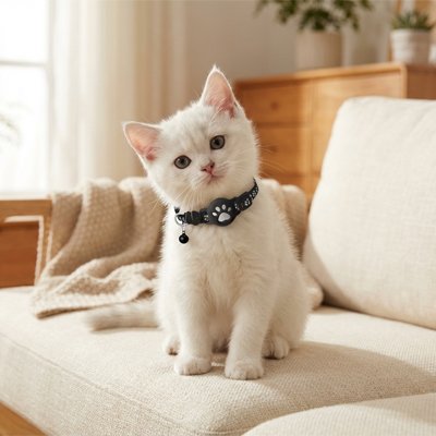 Collier GPS chat blanc avec médaillon tracker rose sur chaton blanc assis sur canapé beige