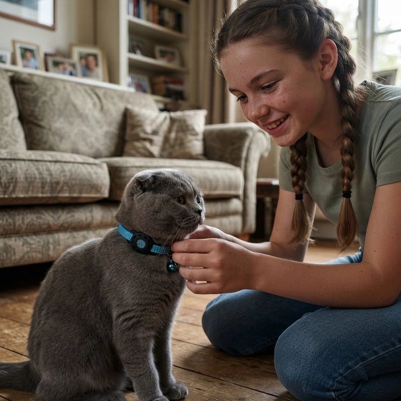 Collier GPS chat bleu à strass ajusté par une adolescente sur un chat British Shorthair gris