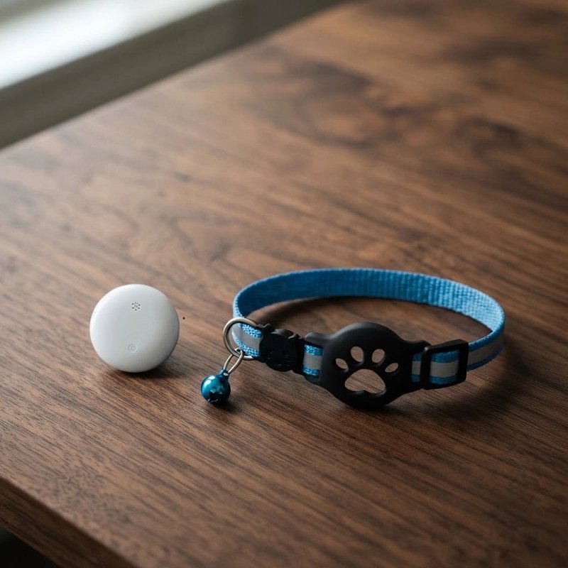 Collier GPS chat bleu avec boucle patte et traceur GPS chat blanc sur table en bois