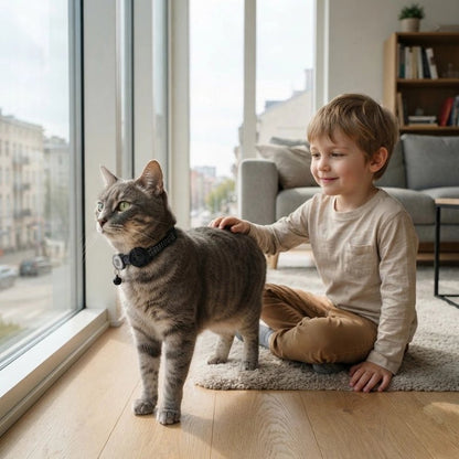 Collier GPS chat noir à strass porté par un chat tigré gris, caressé par un enfant près d'une fenêtre