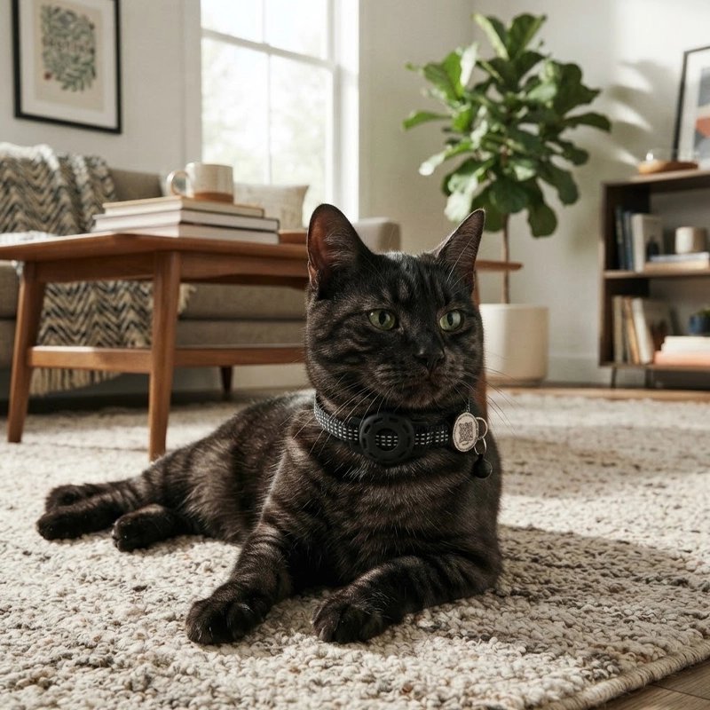 Collier GPS chat noir à strass porté par un chat tigré foncé allongé sur un tapis 