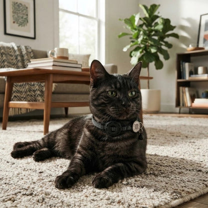 Collier GPS chat noir à strass porté par un chat tigré foncé allongé sur un tapis 