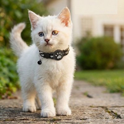 Collier GPS chat noir avec motif patte blanche sur chaton blanc marchant en extérieur