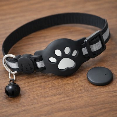  Collier GPS chat noir réglable avec médaillon tracker patte et clochette - vue détaillée du produit