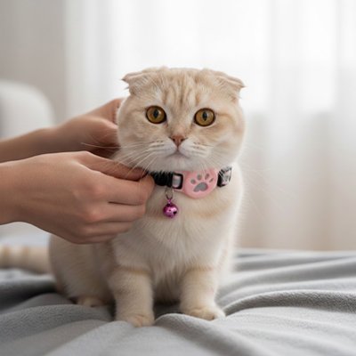 Collier GPS chat réglable avec médaillon tracker rose et clochette sur chat Scottish Fold gris