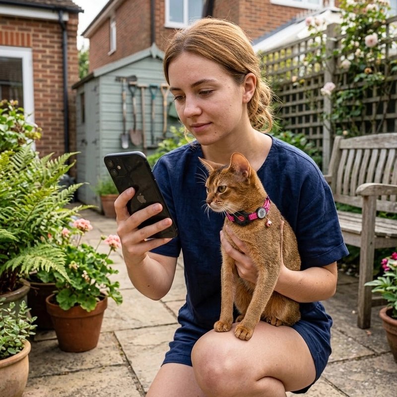 Collier GPS chat rose à strass porté par un chat roux abyssin, femme consultant l'application sur son téléphone dans un jardin