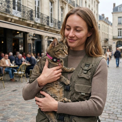 Collier GPS chat rose à strass porté par un chat tigré, tenu par une femme dans une rue pavée