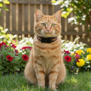 Collier GPS chat roux dans jardin