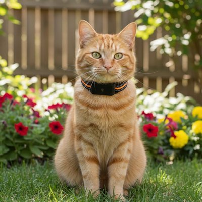 Collier GPS chat roux dans jardin