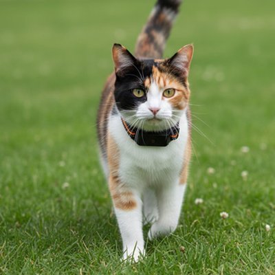 Collier GPS chat tricolore sur pelouse