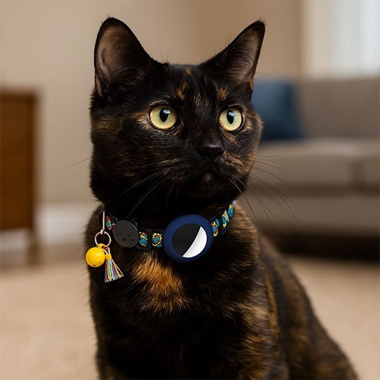 "Chat noir avec collier GPS et tracker de géolocalisation temps réel"