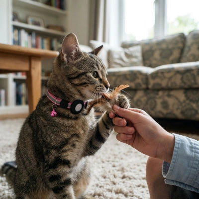 Chat tigré jouant avec une plume, portant un collier GPS chat rose avec médaillon rond et grelot.