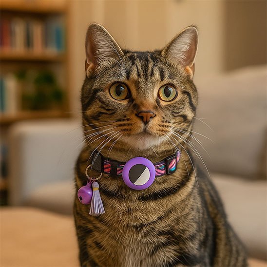  "Chat tigré portant collier GPS violet avec accessoires assortis"