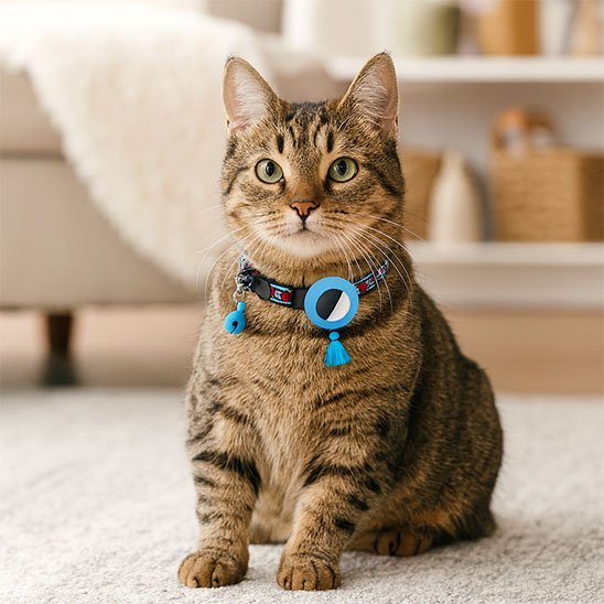  "Chat domestique équipé d'un collier GPS avec pompon bleu"