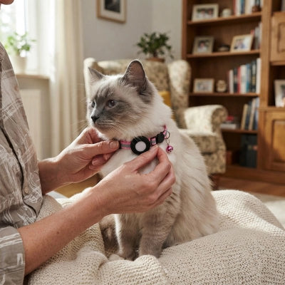 Collier GPS chat rose avec médaillon noir, ajusté sur un chat à poil clair
