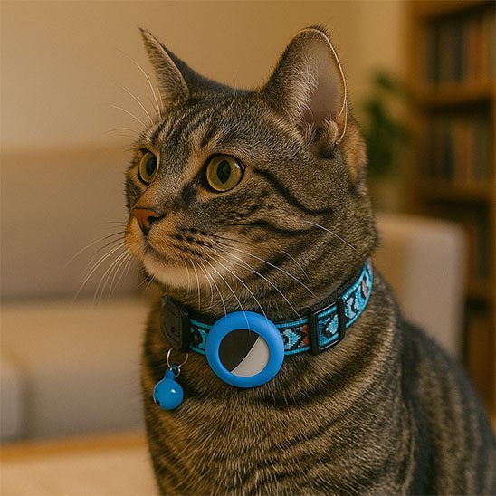 "Chat tigré avec collier GPS bleu et tracker de localisation"