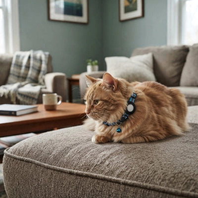 Chat roux allongé sur un canapé, portant un collier GPS chat noir avec médaillon rond et grelot bleu.