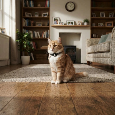 Chat roux et blanc assis dans un salon, portant un collier noir avec médaillon rond.