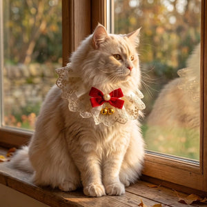 Collier pour chat en dentelle avec nœud rouge sur un chat crème