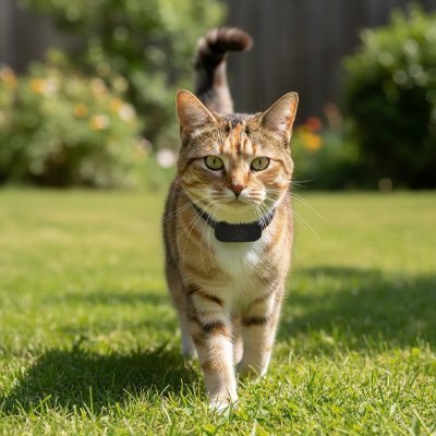  Collier pour chat GPS sur chat tigré se promenant en extérieur sur pelouse