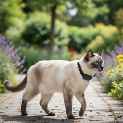  Chat siamois portant collier pour chat GPS noir dans jardin fleuri