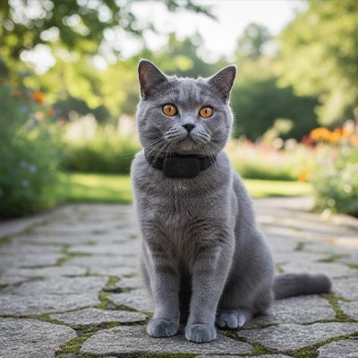  Chat gris avec collier pour chat GPS assis sur chemin pavé de jardin
