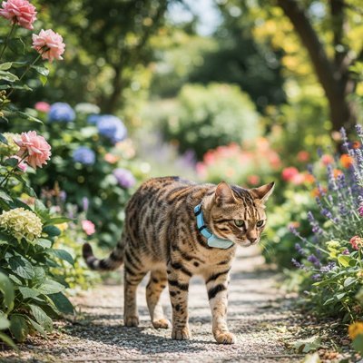  Collier pour chat GPS turquoise sur chat tigré explorant jardin sécurisé