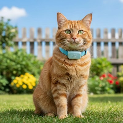  Chat roux équipé d'un collier pour chat GPS bleu turquoise dans jardin clôturé