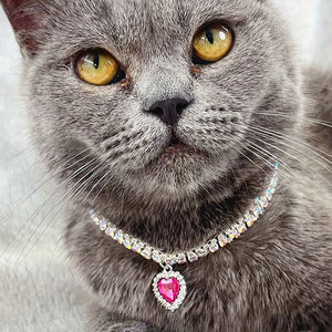 Collier pour chat strass pendentif cœur rose cristal