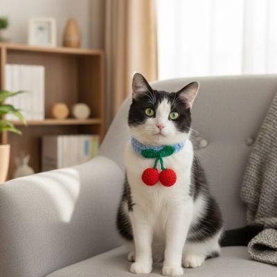  Chat noir et blanc assis sur un canapé gris portant un collier avec pendentif cerise turquoise dans un intérieur moderne et lumineux