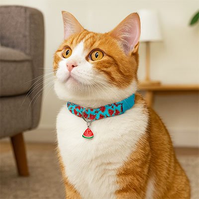 Chat roux et blanc portant un collier turquoise Minou Loft™