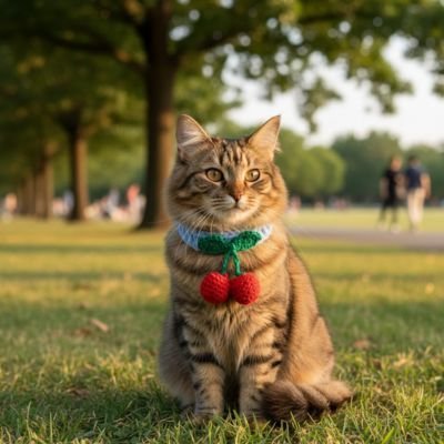  Chat roux tigré assis dans un parc verdoyant portant un collier turquoise avec pendentif cerise rouge