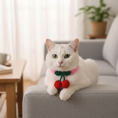 Chat blanc allongé sur un canapé gris dans un salon moderne portant un collier rose avec pendentif cerise