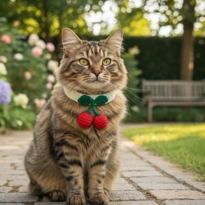  Chat tigré brun assis sur un chemin de jardin portant un collier vert avec pendentif cerise rouge