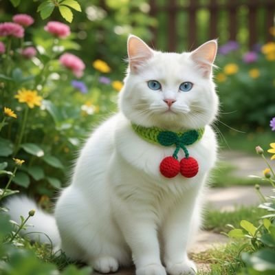  Chat blanc dans jardin fleuri avec collier