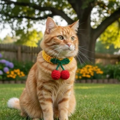  Chat roux en extérieur avec collier cerise