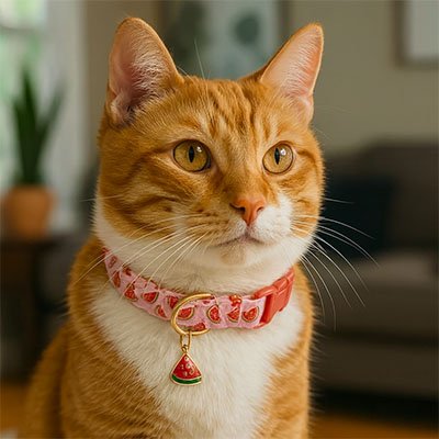 Chat roux portant collier turquoise pastèque Minou Loft™