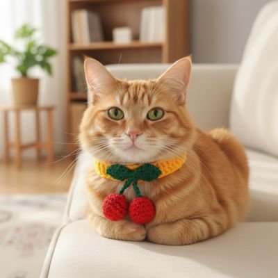 Chat tigré portant collier décoratif avec cerises assis sur canapé.