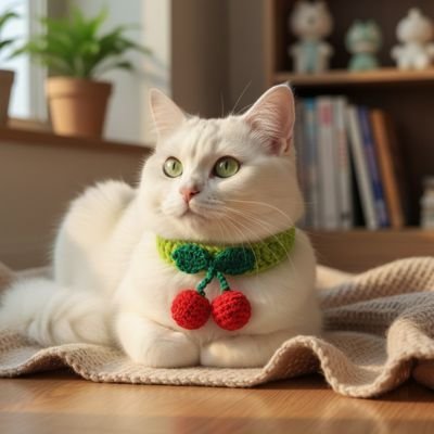  Chat blanc avec collier cerise assis sur tapis.