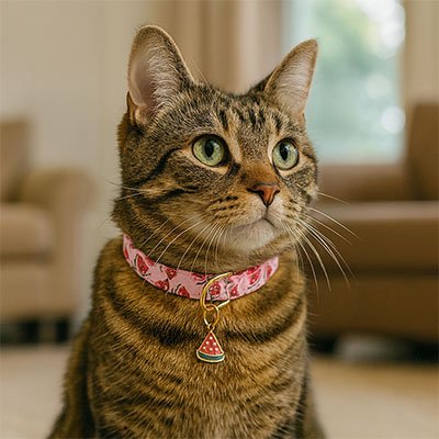 Chat tigré avec collier rose pastèque Minou Loft™