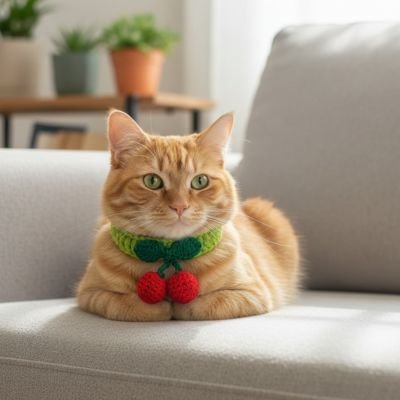  Chat roux avec collier cerise rouge et vert