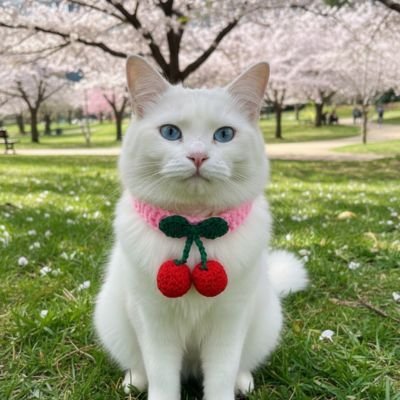  Chat blanc aux yeux bleus assis dans un parc fleuri de cerisiers en fleurs portant un collier rose avec pendentif cerise