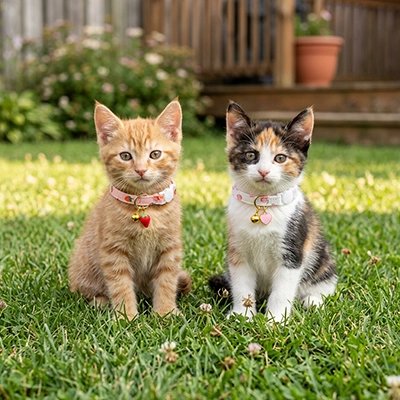 Deux chatons assis dans l'herbe portant des colliers pour chat fleuris roses avec clochette et breloque