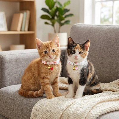 Deux chatons assis sur un canapé portant des colliers pour chat roses fleuris avec breloque cœur