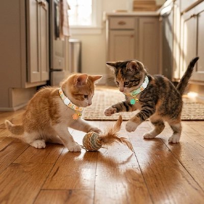 Deux chatons jouant sur un parquet portant des colliers pour chat fleuris avec clochette dorée