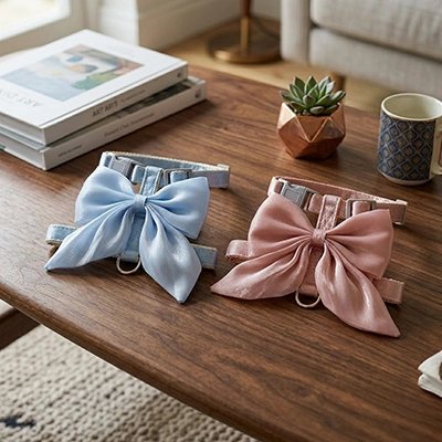 Deux harnais pour chat avec nœud papillon bleu et rose posés sur une table en bois